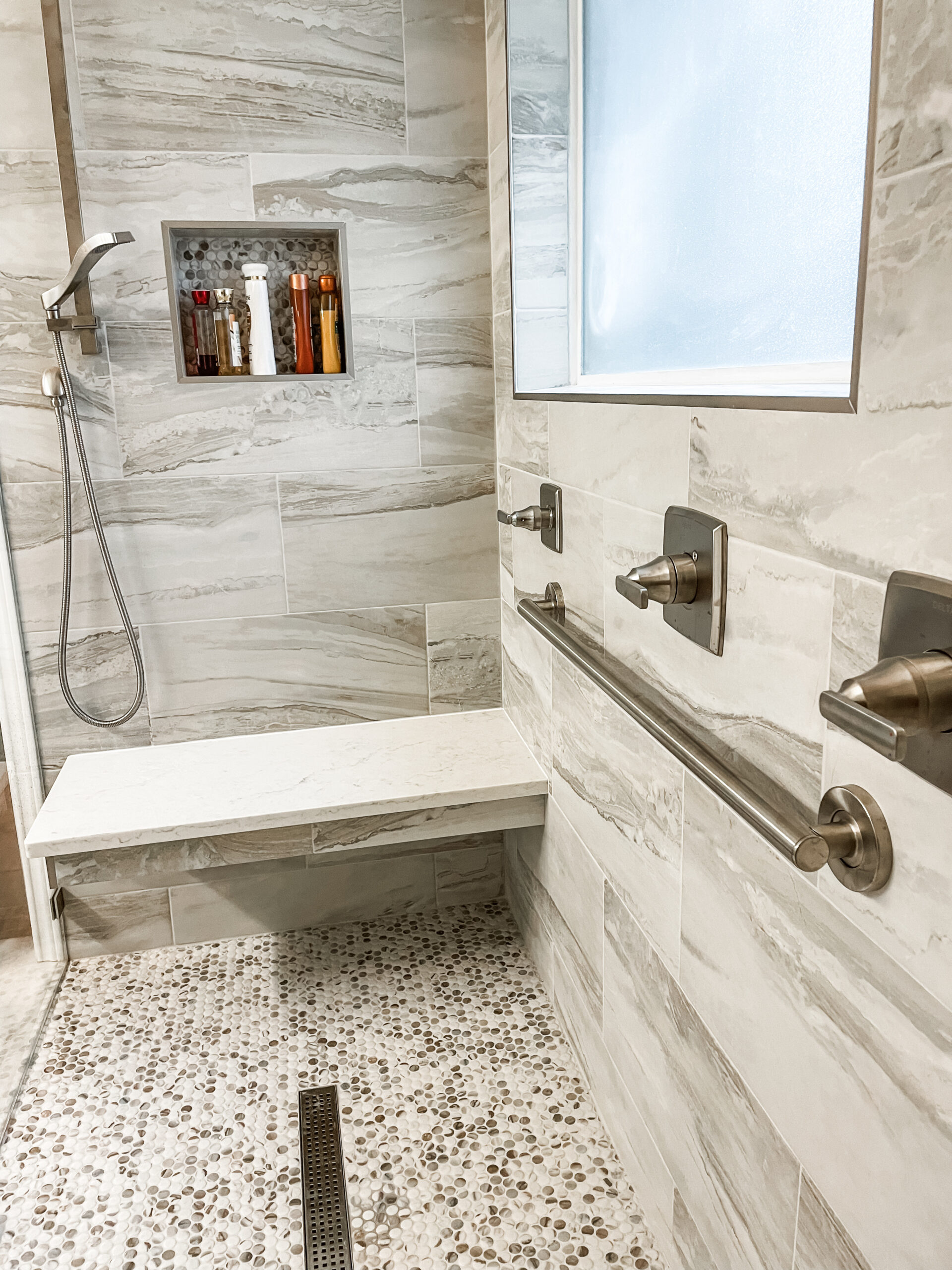 Roll-in handicap shower conversion with bench seat and grab bars Austin TX